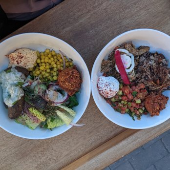 anoush'ella - Couscous with kofta (left) Lentil rice with zaatar chicken (right) - Mediterranean Near Me - Boston, Massachusetts