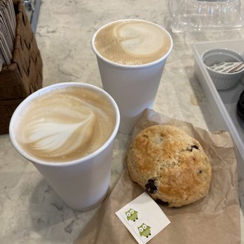 Crossroads Coffeehouse - Caramel latte Chocolate chip and orange scone - Coffee & Tea Near Me - Cross Plains, Wisconsin
