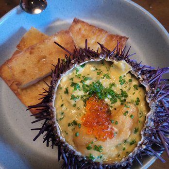 Vaca - Sea urchin with scrambled egg custard, salmon roe, and petite buttered toast bites on the side. - Tapas/Small Plates Near Me - Costa Mesa, California Vaca - Sea urchin with scrambled egg custard, salmon roe, and petite buttered toast bites on the side. - Tapas/Small Plates Near Me - Costa Mesa, California
