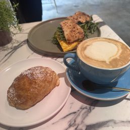 Latte, Egg Sandwich, sweet cheese swirl Latte, Egg Sandwich, sweet cheese swirl