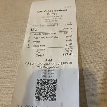 Las Vegas Seafood Buffet - Receipt - Seafood Near Me - Phoenix, Arizona