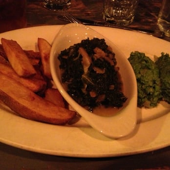 The Haven - Vegetarian entree: three veggie sides (kale, smashed peas, and fries) - Gastropubs Near Me - Jamaica Plain, Massachusetts