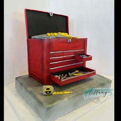 Cakes By Tiffany - Custom tool box. 12x18 carrot cake- buttercream and fondant.  Tool box-5 layers- white almond wedding. All tools hand sculpted/painted.