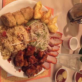 Lucky Fortune - General tsai chicken pork rice egg roll and crab cakes - Chinese Near Me - Newberg, Oregon
