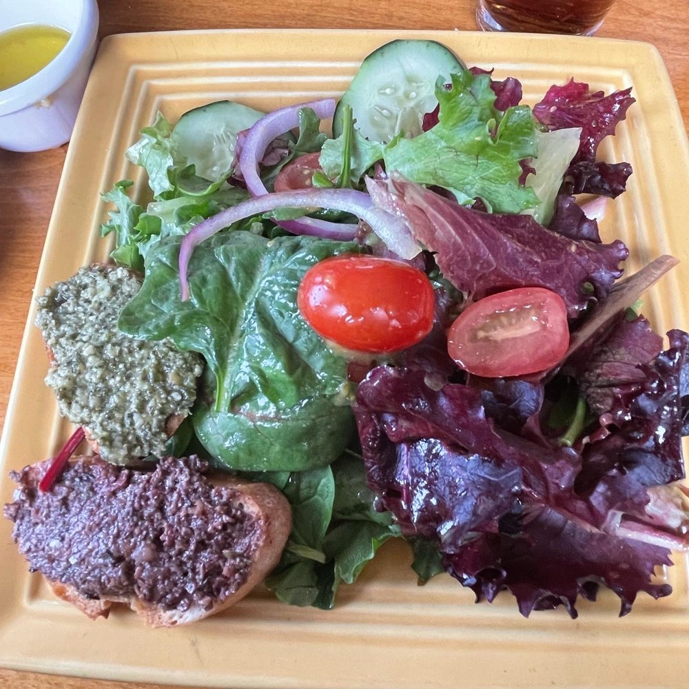 Cafe Azafran - Cafe' Salad fresh greens, endive, pesto & black olive tapenade croutons, saffron vinaigrette - Breakfast & Brunch Near Me - Rehoboth Beach, Delaware Cafe Azafran - Cafe' Salad fresh greens, endive, pesto & black olive tapenade croutons, saffron vinaigrette - Breakfast & Brunch Near Me - Rehoboth Beach, Delaware