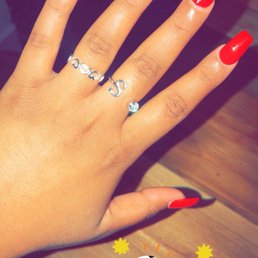 Coffin shape, Apple red, and design. Love my new nails