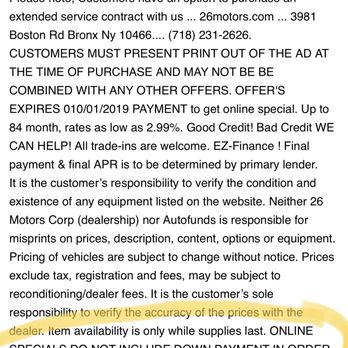 26 Motors Corp - Dealer note - Used Car Dealers Near Me - Bronx, New York 26 Motors Corp - Dealer note - Used Car Dealers Near Me - Bronx, New York