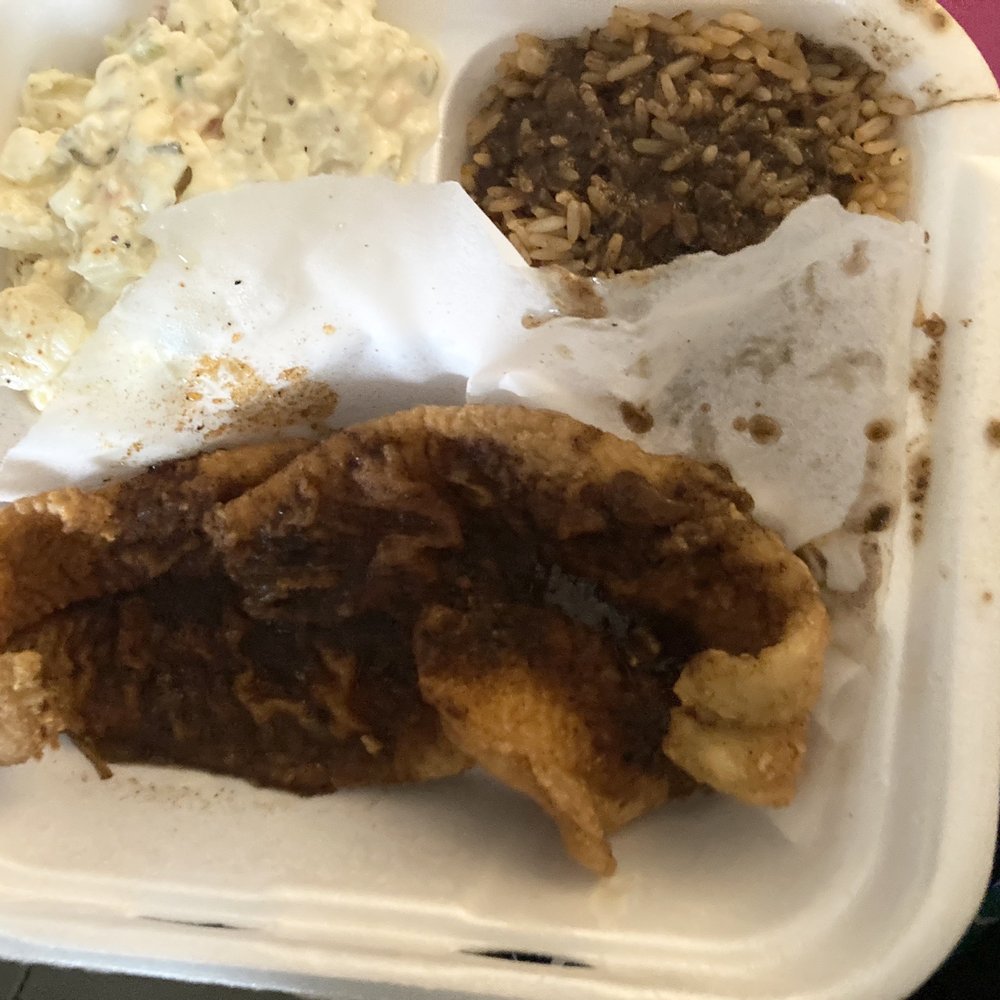Tropical Goodies - Fried flounder(oxtail gravy), rice n peas with potato salad. It's okay. - Caribbean Near Me - Charlotte, North Carolina Tropical Goodies - Fried flounder(oxtail gravy), rice n peas with potato salad. It's okay. - Caribbean Near Me - Charlotte, North Carolina