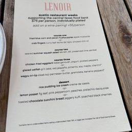 Austin Restaurant Week menu