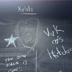 Surfhouse Pub & Cafe - Chalk board in telephone booth themed restroom.
