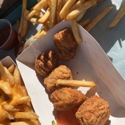 Fries. Chicken wings and burgers