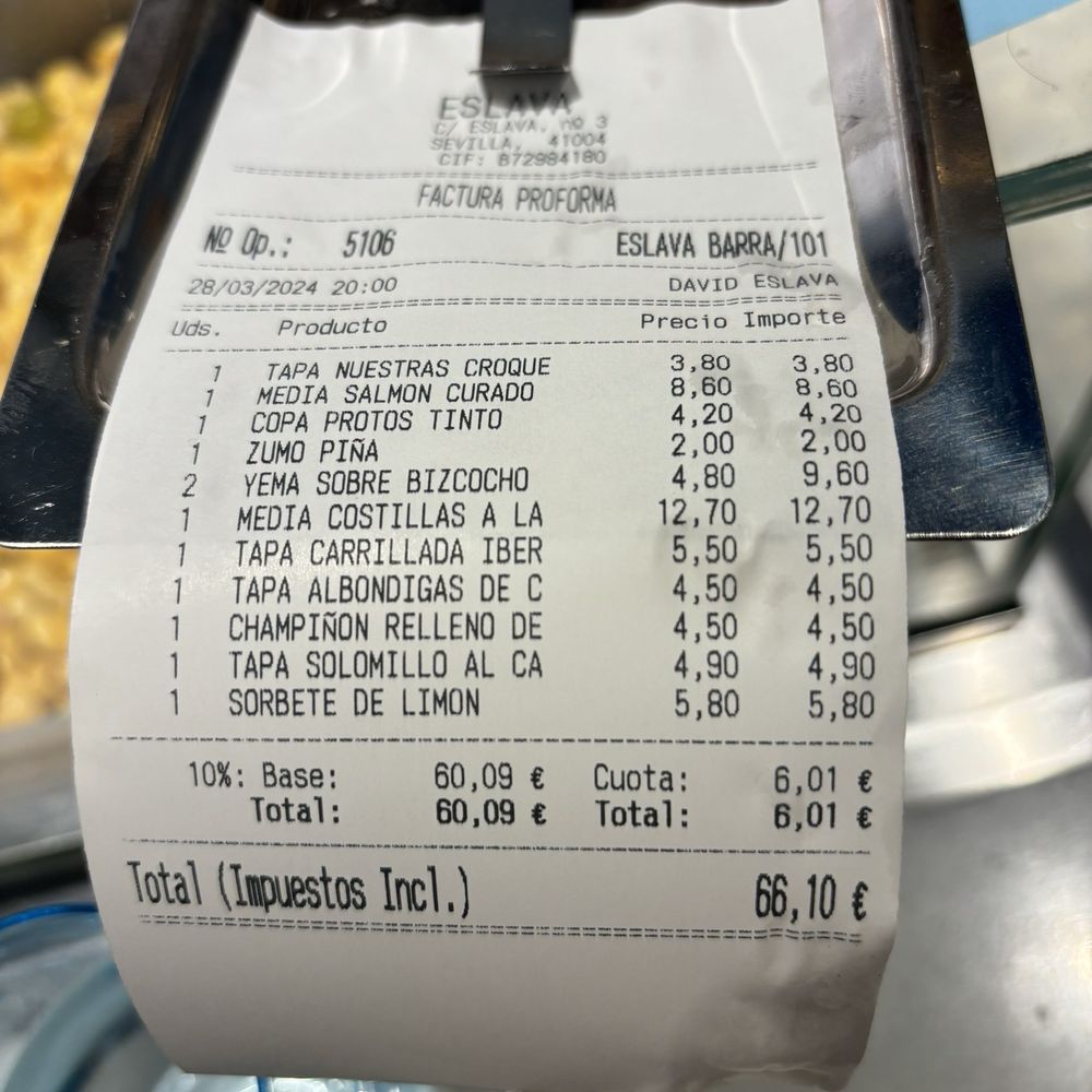 Eslava - Receipt - Tapas Bars Near Me - Seville, SE Eslava - Receipt - Tapas Bars Near Me - Seville, SE