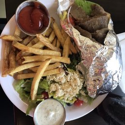 Gyros plate lunch with fries and salad Gyros plate lunch with fries and salad
