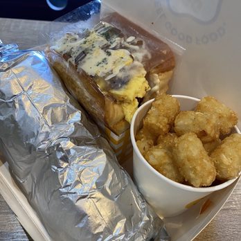 Egg Happiness - Spicy pork sandwich, spicy pork burrito, and a side of tater tots - Korean Near Me - Dublin, California