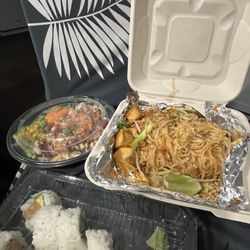 Spicy ahi bowl, pad Thai with tofu, salmon avocado roll