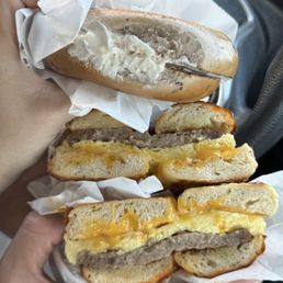 Blueberry bagel w/ strawberry cream cheese (top) & sausage, egg, and cheese on a marinara bagel Blueberry bagel w/ strawberry cream cheese (top) & sausage, egg, and cheese on a marinara bagel