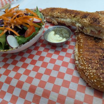 Cafe Mamilla - Jerusalem bagel toast with cheese and tuna and a side salad. - Cafes Near Me - Thornhill, Ontario