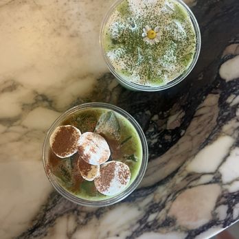 Buena Matcha - Top is honey lavender matcha w/ oat milk and cold foam on top, bottom is banana cinnamon matcha w/ almond milk - Tea Rooms Near Me - Palm Desert, California