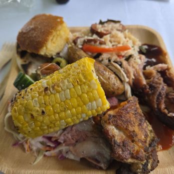 Sub Edge Farm - This plate hade roast pork, lamb and roasted chicken with delicious side dishes. - CSA Near Me - Farmington, Connecticut