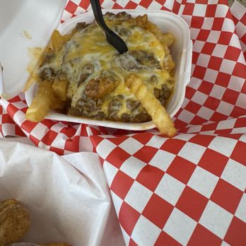 Jim's Burgers - Not so hot Microwaved Chili Cheese Fries and it's no flavor to it - Burgers Near Me - Upland, California
