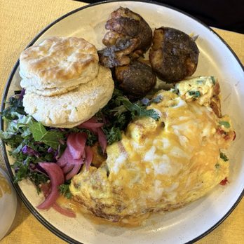 Brekki Brekki - Loaded Omelette, roasted potatoes, and salad and biscuit - Breakfast & Brunch Near Me - Albuquerque, New Mexico