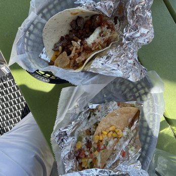 Barrio Tacos Gateway - cowboy taco (top), build your own jalapeño lime shrimp taco (bottom) - Breakfast & Brunch Near Me - Cleveland, Ohio