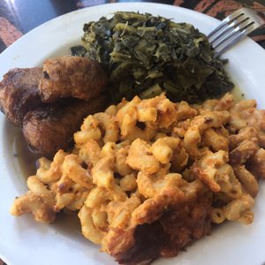 Photo of ELife Restaurant - Washington, DC, United States. Cashew Macaroni & Cheese, collard greens, chick'un drumettes