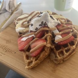 Protein waffle with the peanut butter and fresh fruit topping. YUMMY!! Protein waffle with the peanut butter and fresh fruit topping. YUMMY!!