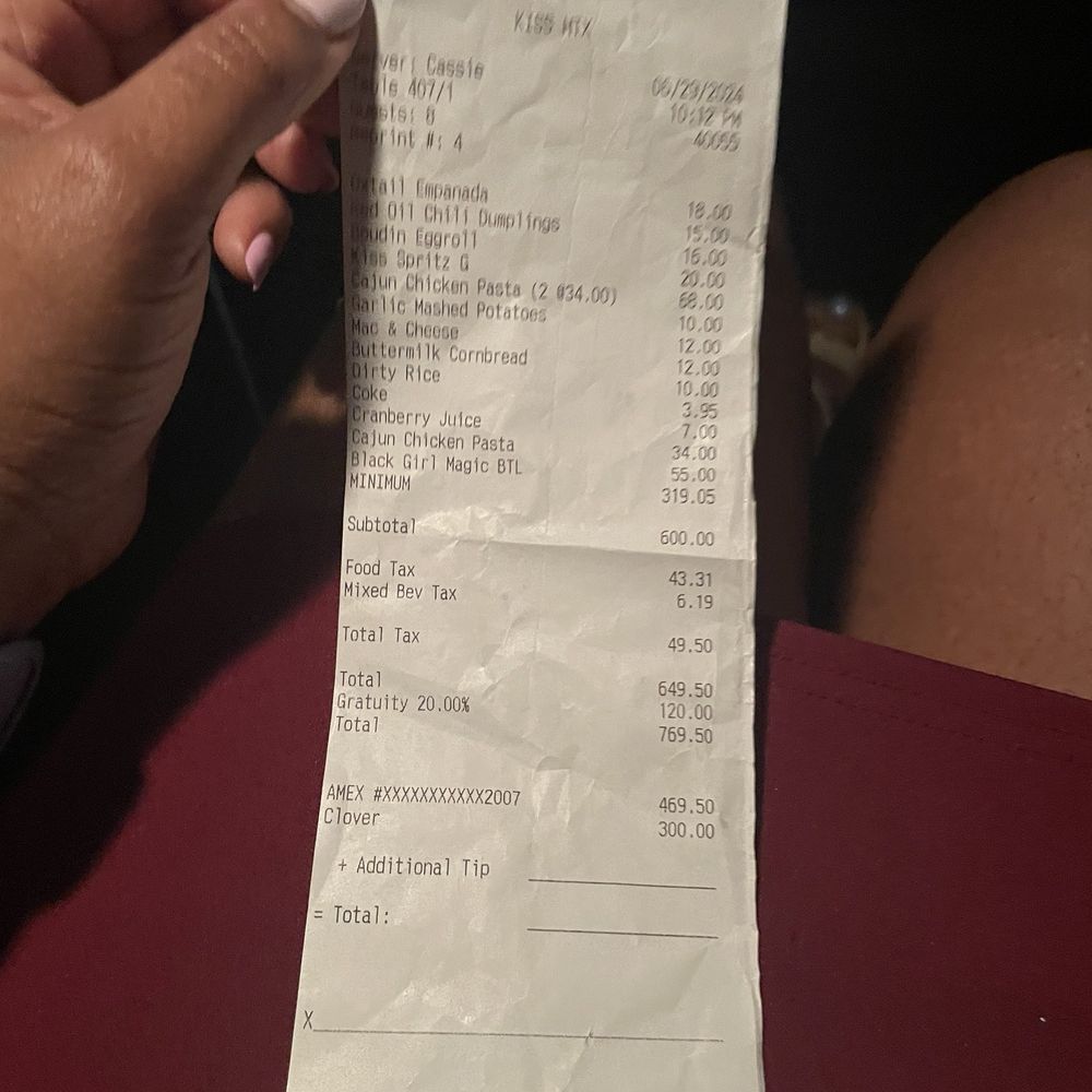 Kiss - Paid $769.50 for $319.05 worth of food. Cassie tipped herself or STOLE $320+ Her tip was larger than the total - New American Near Me - Houston, Texas Kiss - Paid $769.50 for $319.05 worth of food. Cassie tipped herself or STOLE $320+ Her tip was larger than the total - New American Near Me - Houston, Texas
