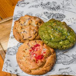Kei Coffee House - New, thicker cookies. Walnut Chocolate Chip, Strawberries & Cream, and Matcha White Chocolate.