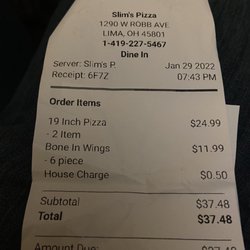 Slim's Pizza - Receipt