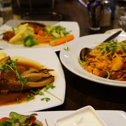 Salmon, honey pork belly, seafood pasta