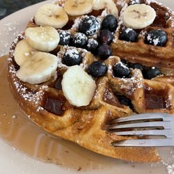 Main Street Cafe - The best waffle ! Blueberries and bananas were fresh and tasty! Great service  and good coffee!! Cash only  but they do have an ATM.