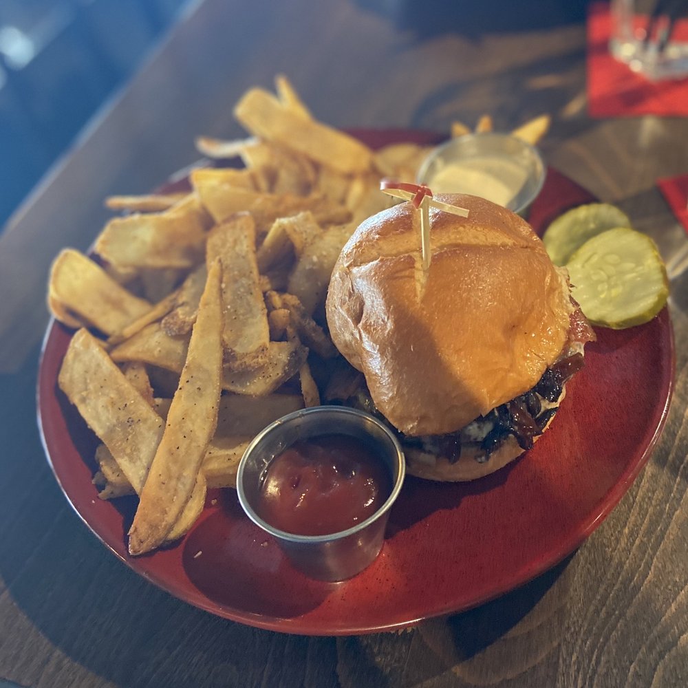 Brick and Bourbon - Three Wisemen burger and fries - Cocktail Bars Near Me - Eden Prairie, Minnesota