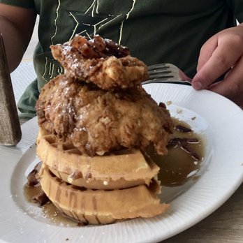 Salt Cracker Fish Camp - Giant pile of food on this chicken & waffles plate. More chicken hiding behind the pile - Seafood Near Me - Clearwater, Florida