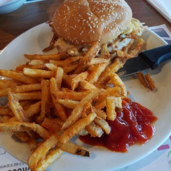 Denny's - Chicken slam burger and a whole mess of fries!! - Diners Near Me - Long Beach, California Denny's - Chicken slam burger and a whole mess of fries!! - Diners Near Me - Long Beach, California