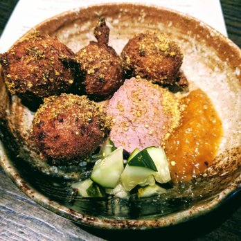 Roister - Hushpuppies - chicken liver pâté, peach jam, house pickle - New American Near Me - Chicago, Illinois Roister - Hushpuppies - chicken liver pâté, peach jam, house pickle - New American Near Me - Chicago, Illinois