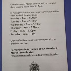 Killingworth Library - New Opening times for library