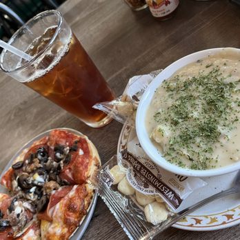 Bedrock's On the Bay - a bowl of soup and a plate of pizza - Pizza Near Me - Winchester Bay, Oregon Bedrock's On the Bay - a bowl of soup and a plate of pizza - Pizza Near Me - Winchester Bay, Oregon