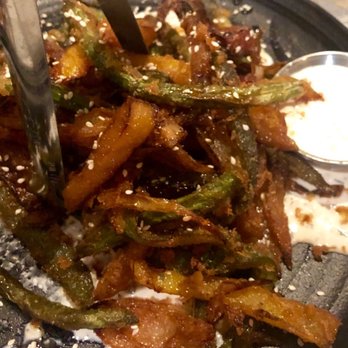 Three V - Crisp Tempura Veggies - tzatziki sauce, hot honey drizzle, bell peppers, onions, green beans, brussels - New American Near Me - Plymouth, Massachusetts Three V - Crisp Tempura Veggies - tzatziki sauce, hot honey drizzle, bell peppers, onions, green beans, brussels - New American Near Me - Plymouth, Massachusetts