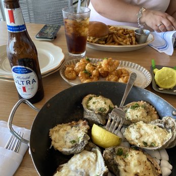 Pier 6 - Oysters Au Gratin, creamy shrimp with spicy aioli, and Burger with Fries - Seafood Near Me - San Leon, Texas