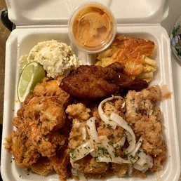 Rice,Fried Grouper,Fried Shrimp,Potato Salad, Plantain and Mac n Cheese. Rice,Fried Grouper,Fried Shrimp,Potato Salad, Plantain and Mac n Cheese.
