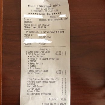 Red Lobster - We paid too much, and not receive what we requested or the quality and taste of the food. :-( - Seafood Near Me - Bloomington, Indiana