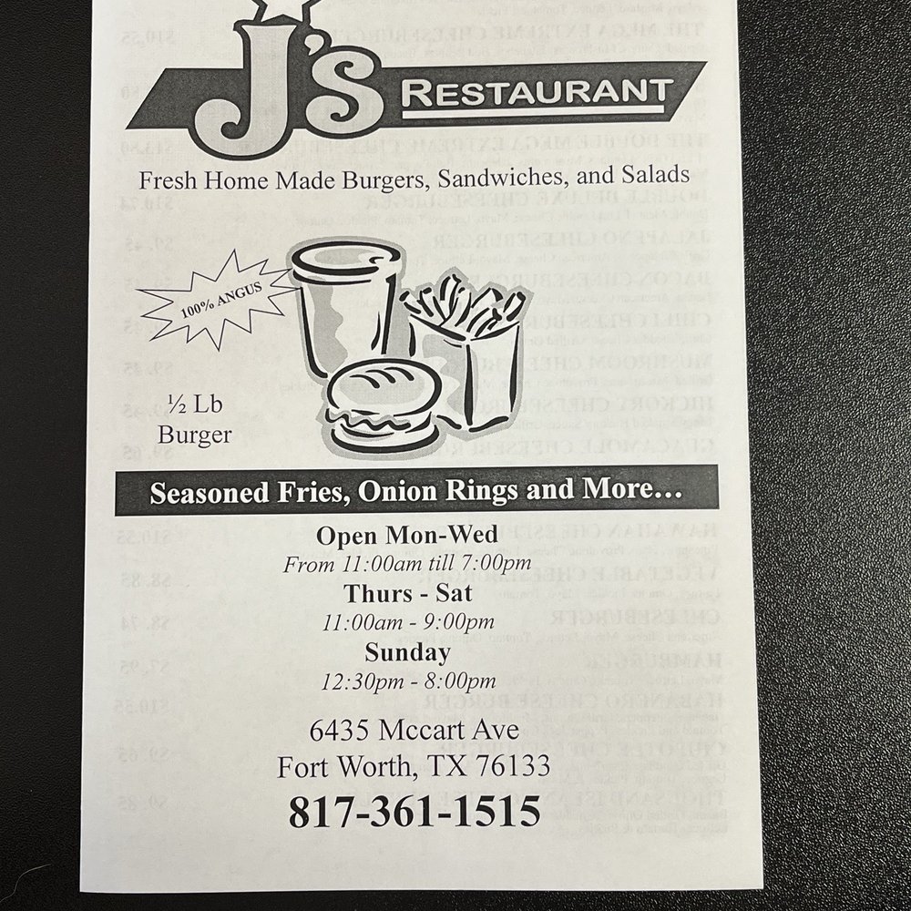 J's Restaurant - 6/21/2026 menu - Burgers Near Me - Fort Worth, Texas J's Restaurant - 6/21/2026 menu - Burgers Near Me - Fort Worth, Texas