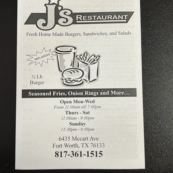 J's Restaurant - 6/21/2026 menu - Burgers Near Me - Fort Worth, Texas