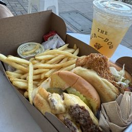 DOUBLE CHEESEBURGER, ARNOLD PALMER, FRIED CHICKEN SANDWICH, FRIES