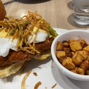 Hash Kitchen - Herb Fried Chicken Benedict with Louisiana Hot Fried Chicken upgrade (biscuits a bit dried) - Breakfast & Brunch Near Me - Chandler, Arizona