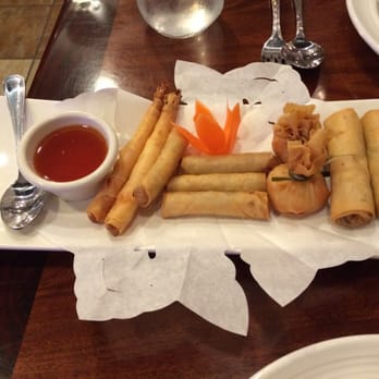 Ocean Thai Cuisine - Appetizer sampler: fried shrimp, mini rolls, egg rolls, and money bags (fried shredded chicken with shrimp) - Thai Near Me - Oceanside, California Ocean Thai Cuisine - Appetizer sampler: fried shrimp, mini rolls, egg rolls, and money bags (fried shredded chicken with shrimp) - Thai Near Me - Oceanside, California