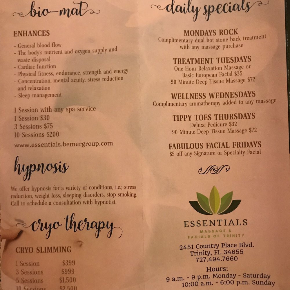 Essentials Massage & Facials of Trinity - Menu of services the provide - Skin Care Near Me - Trinity, Florida Essentials Massage & Facials of Trinity - Menu of services the provide - Skin Care Near Me - Trinity, Florida
