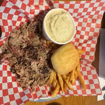 JDs Smokehouse - Pulled Pork with loaded mashed potatoes and fries - Barbeque Near Me - Rutherford College, North Carolina